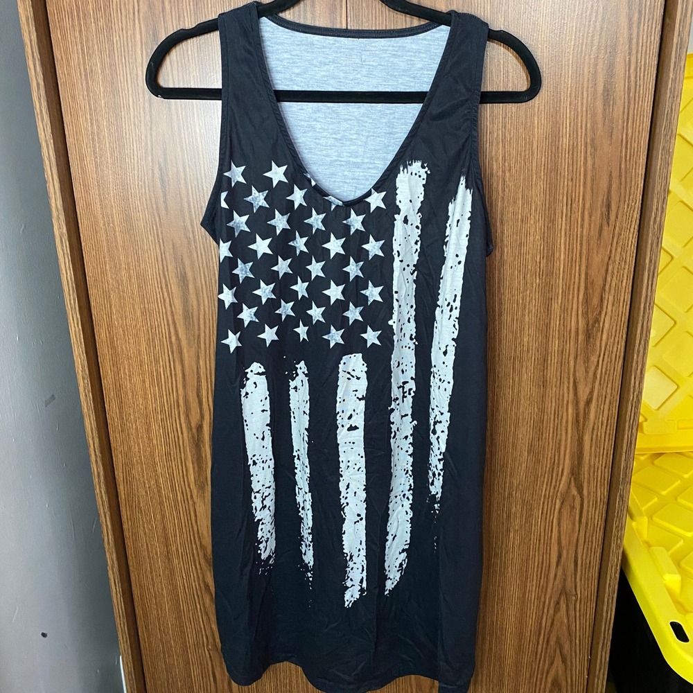 American Flag Tank Dress Women Size L Black Patriotic Graphic